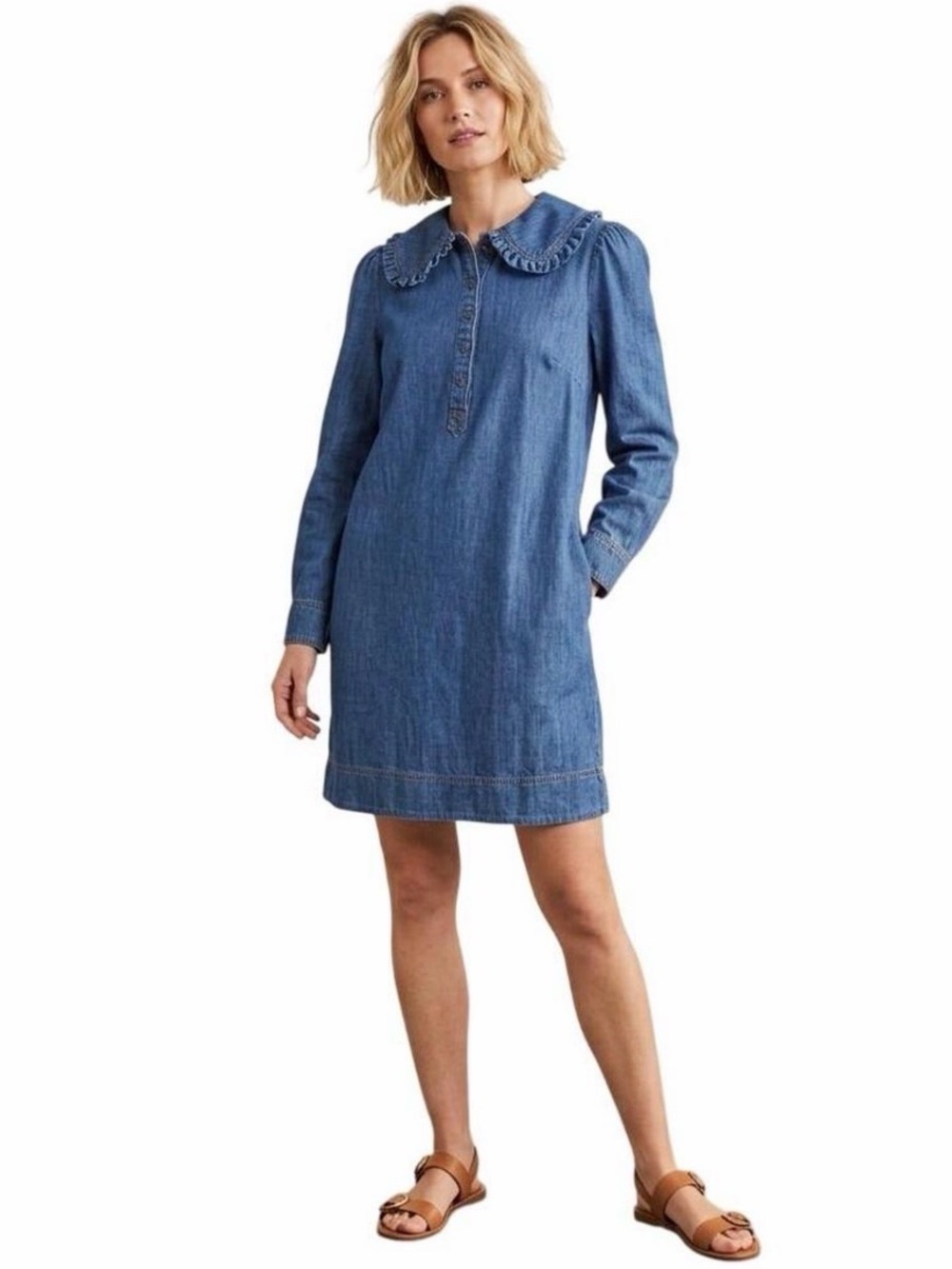 Boden Denim Long-Sleeve Dress with Ruffle Collar - Blue